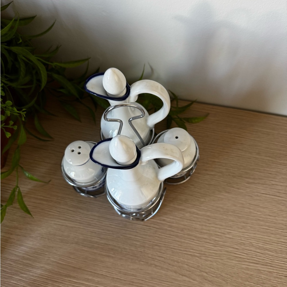 White Ceramic Condiment Set with Blue Trim